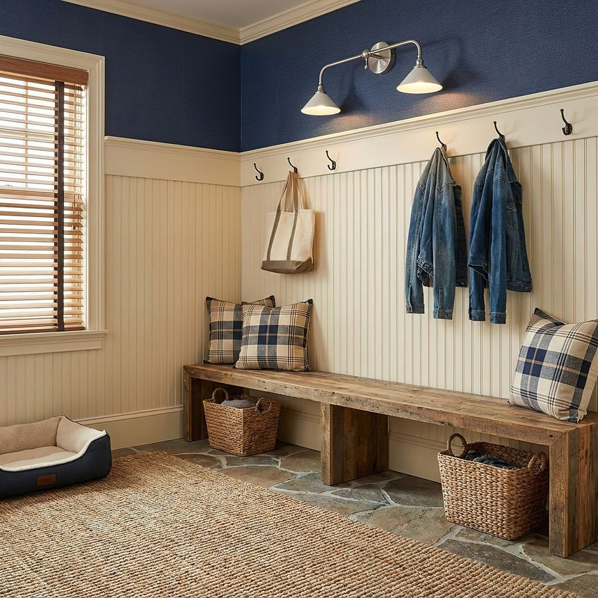 A double sconce above a mudroom bench with coat hooks and baskets