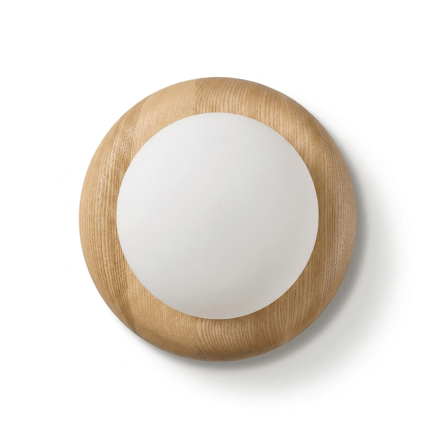 The wood disk seen square on, the frosted globe standing forward of its face