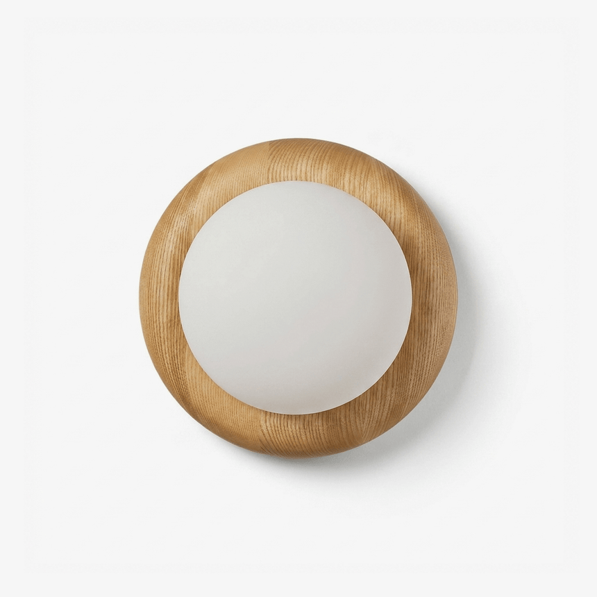 Wall sconce for staircase, a solid wood disk holding a frosted glass globe