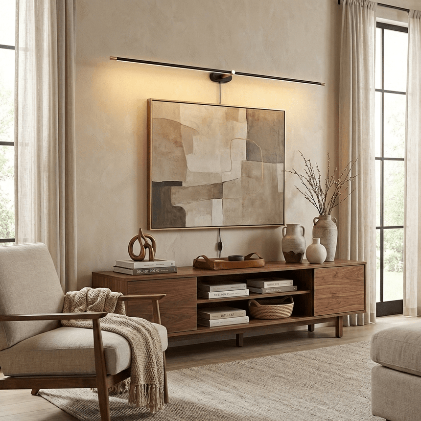 Slim rod lit above a framed abstract canvas over a low wood sideboard and an armchair
