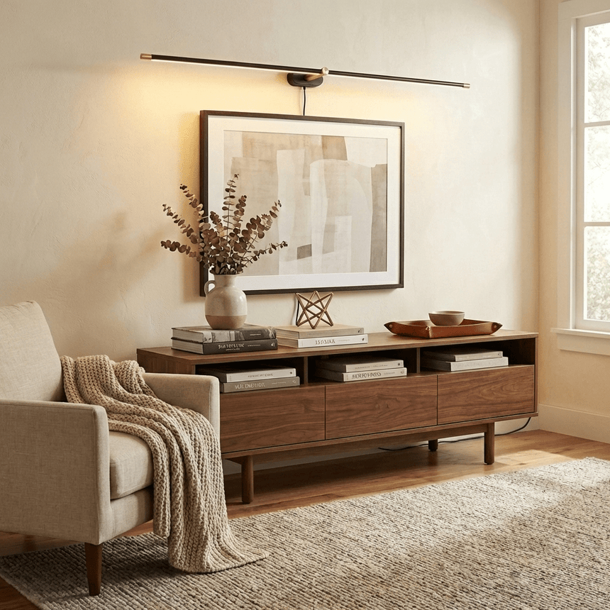 Slim rod lit above a framed print over a long walnut console with books and a vase