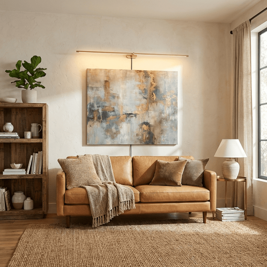 Slim rod lit above a framed canvas on a wall behind a tan sofa and a bookcase