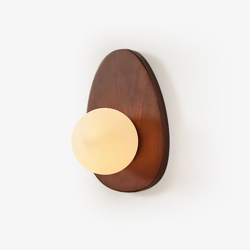 Walnut wall sconce, a teardrop plate carrying an opal glass globe