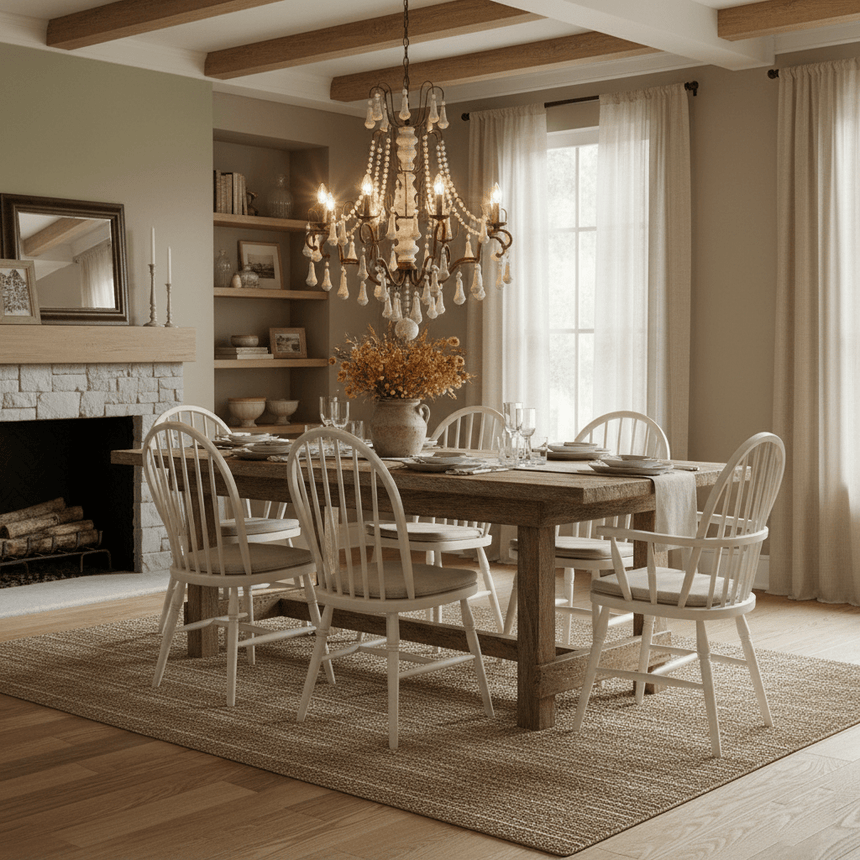 Hung above a table and pale chairs in a room with a stone fireplace and beams