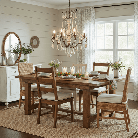 Lit above a wood dining table and rush chairs in a room with shiplap and a mirror