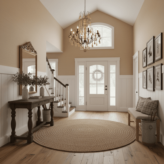 Hung in an entry hall above a round rug with a console, mirror and staircase
