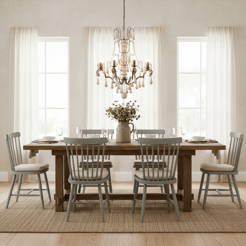 Lit over a long table and spindle chairs between two tall curtained windows