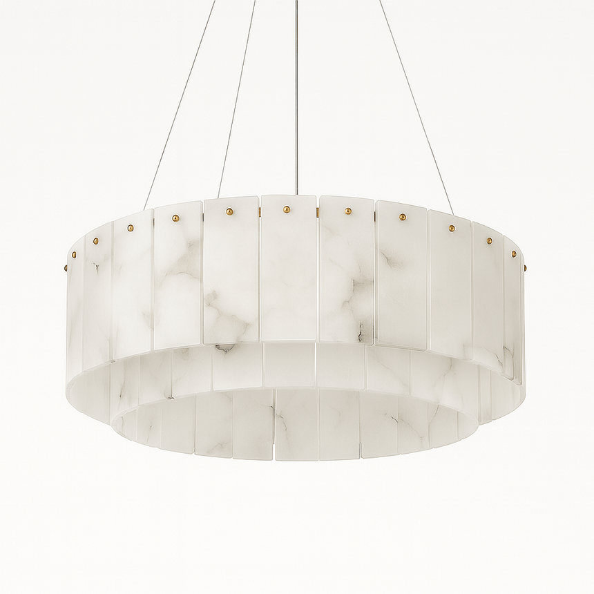 The same drum of alabaster panels unlit, bolts showing along the top band