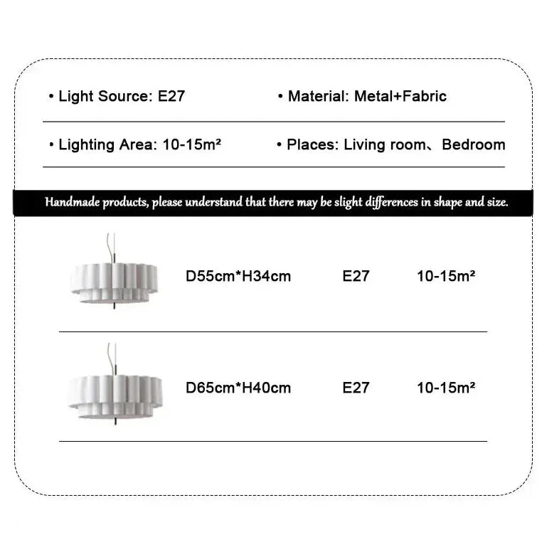 Specification card for the white drum pendant light, E27, metal and fabric, 10 to 15 square meters