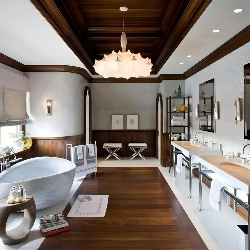 Layered silk pendant hung in a paneled room with a freestanding tub