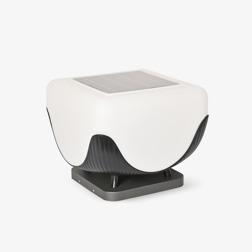Rounded white cube lantern with a solar panel let into the flat top