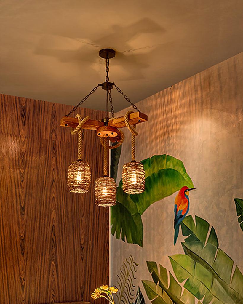 Hung in a corner beside a painted mural wall and a paneled timber wall