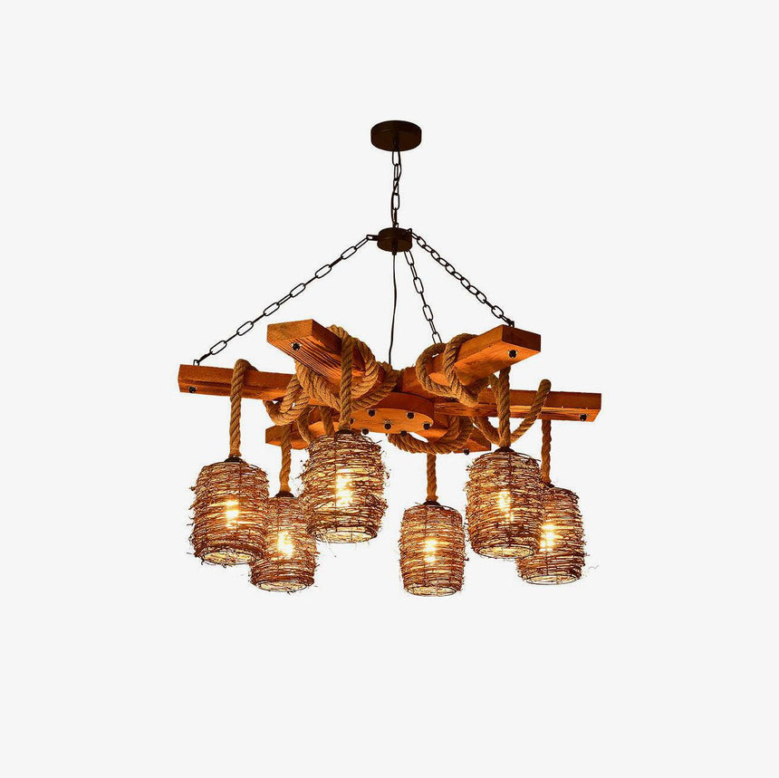 The six shade version lit against a plain pale wall, rope coils looped over the timber beams