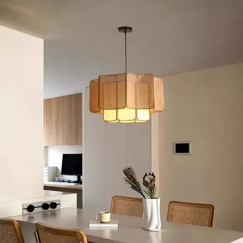 Natural wicker hanging lamp above a kitchen counter