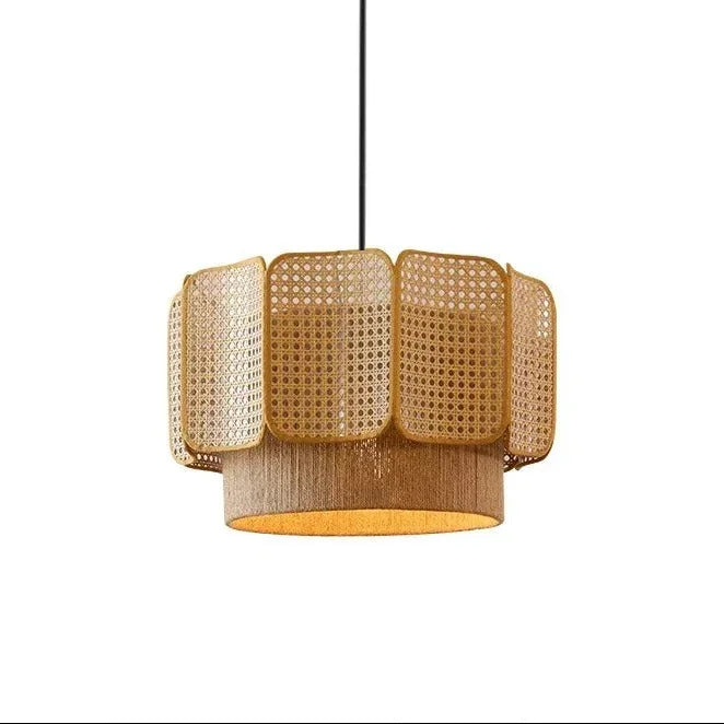 Wicker hanging lamp in the second natural finish on a plain background