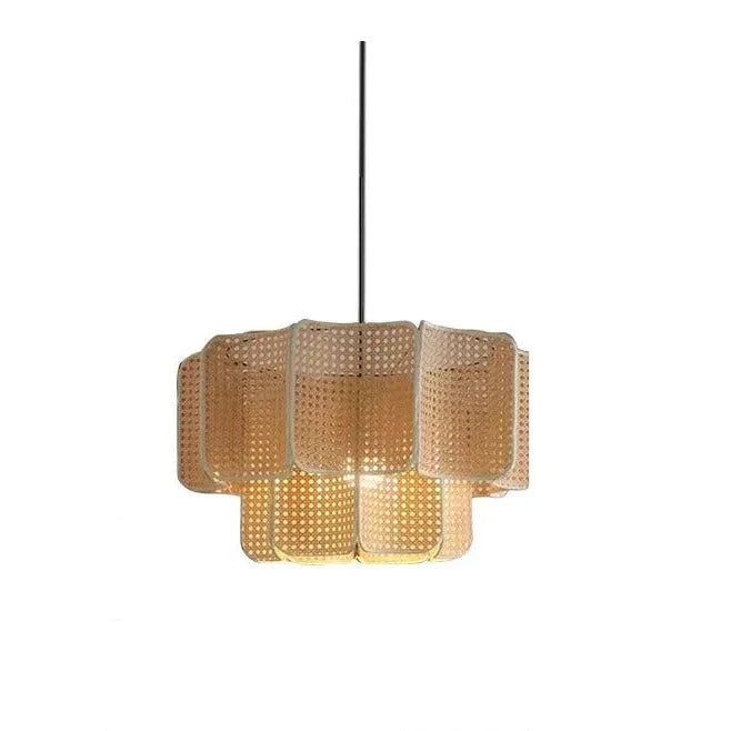 Wicker hanging lamp in the natural finish on a plain background