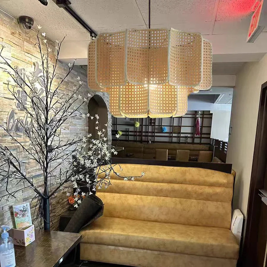 Wicker hanging lamps above a staircase
