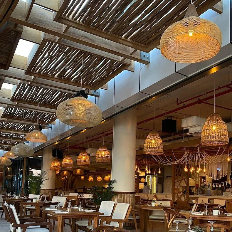 Wicker shades lit above a cafe counter