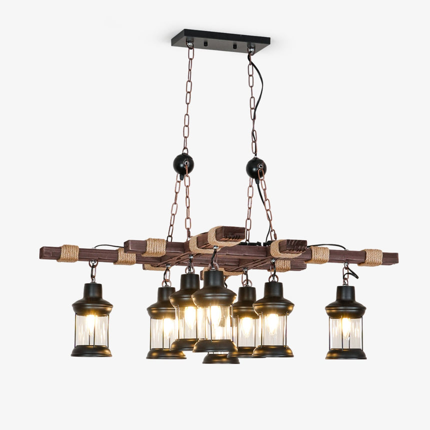 Two crossed wood beams carrying eight small caged glass lanterns on short drops