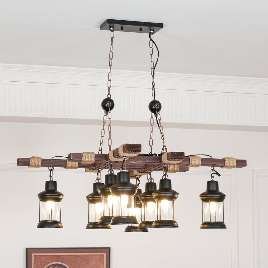 The fitting seen from the side in a pale room, lanterns lit at staggered heights
