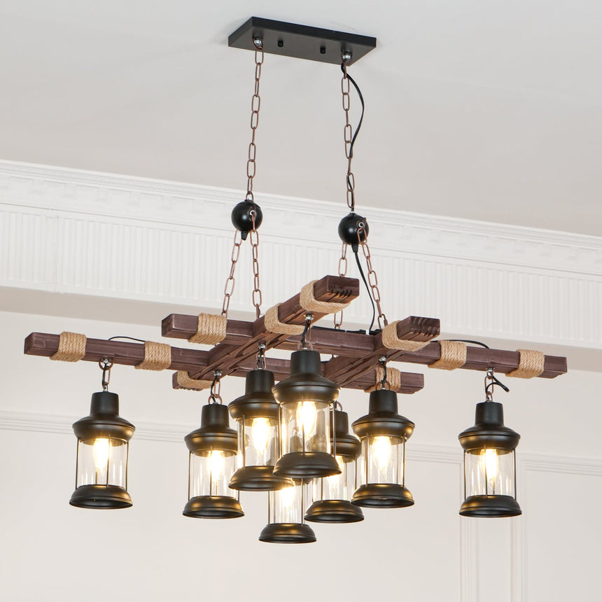 The fitting lit in a white paneled room, eight lanterns at two heights