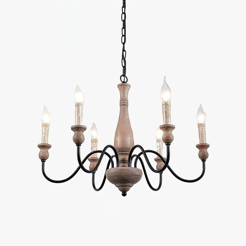 Six black arms looping out of a pale turned wood column with candle sleeves on top