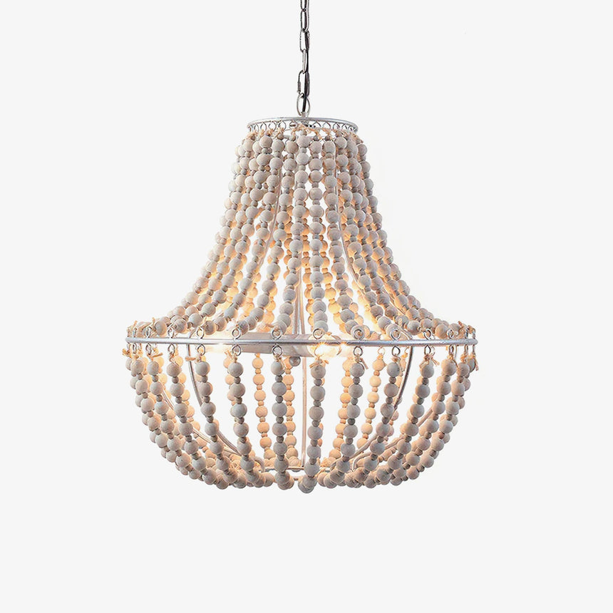 A basket shaped chandelier of pale wooden bead strands curving from rim to base