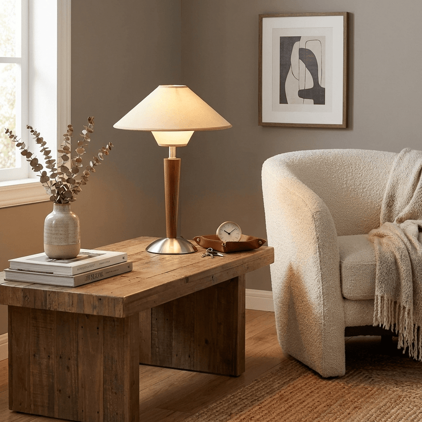 Wood table lamp lit on a desk beside a rounded armchair
