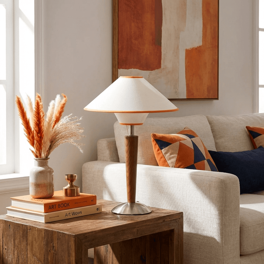 Wood table lamp on a console table beside a pale sofa