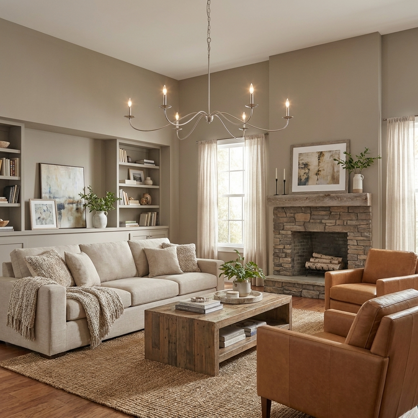 Hung in a living room above a sofa and leather armchair with a stone fireplace