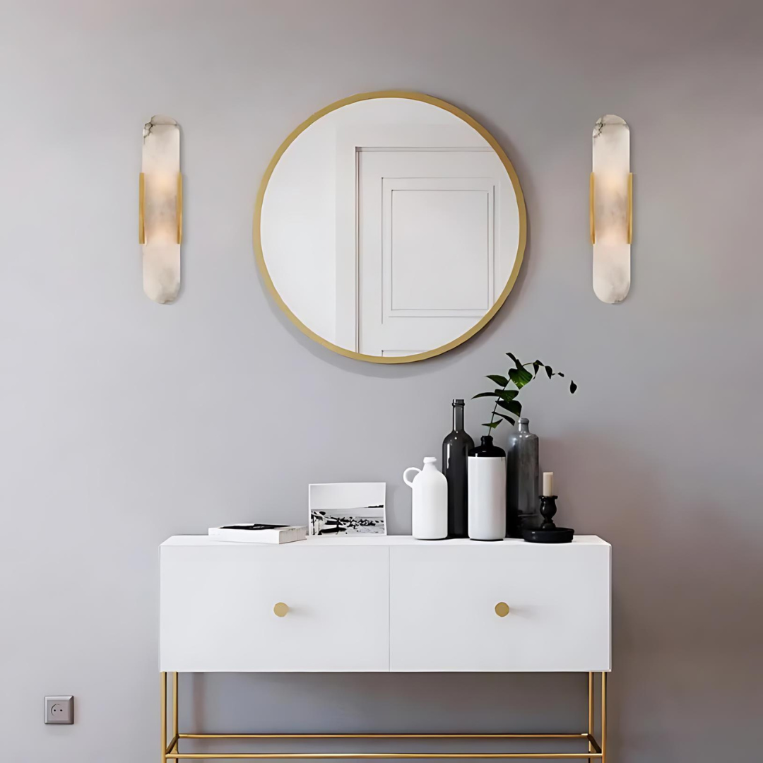 Hallway wall lamp in marble and iron with plated finish and downward shade for corridor decor
