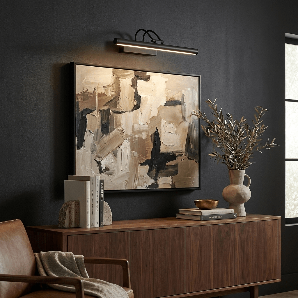 Black cordless picture light above an abstract canvas over a walnut sideboard on a dark wall