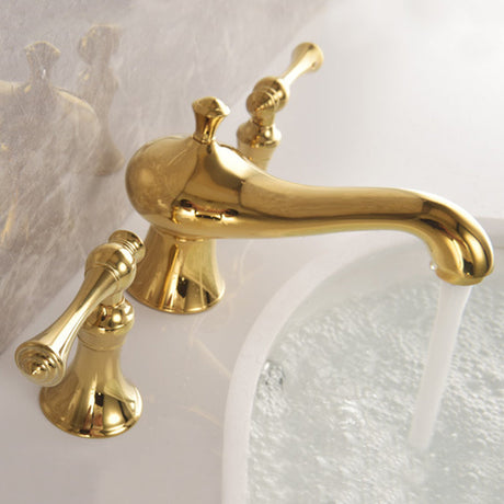 Widespread bathroom faucet close-up view - three-hole sink installation