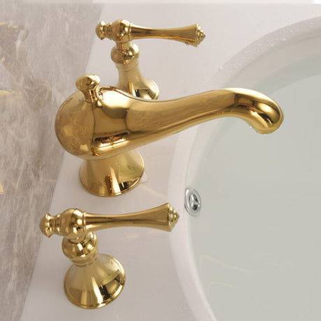 Widespread bathroom faucet side profile view - antique brass finish