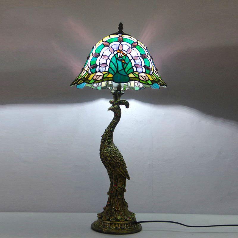 Aurena stained glass mosaic table lamp unlit daytime view