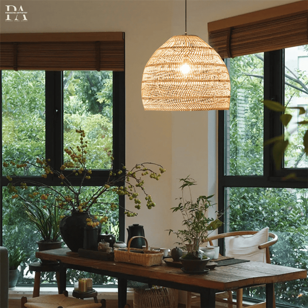 Rattan pendant light layered design for dining room