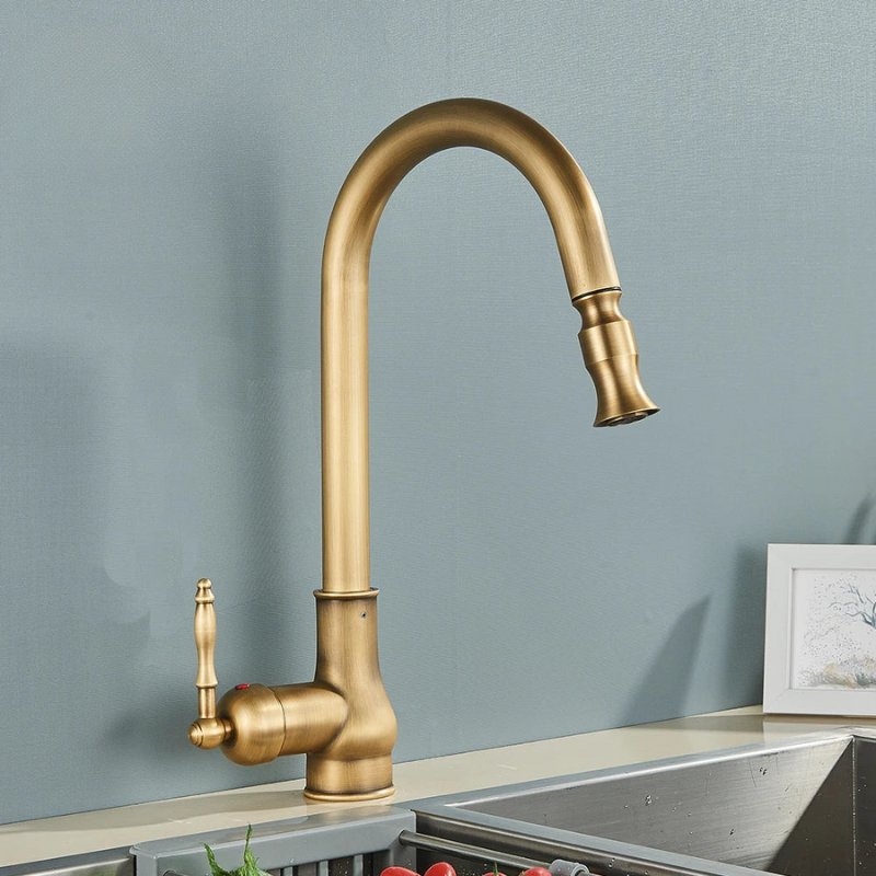 Vintage brass kitchen faucet with swivel spout design