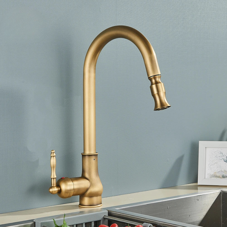 Antique brass swivel kitchen faucet with black two-tone finish