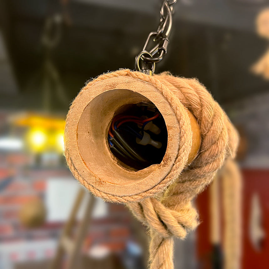 Retro-inspired pendant light close-up wood grain