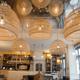 Rattan pendant light Bali-inspired side angle view