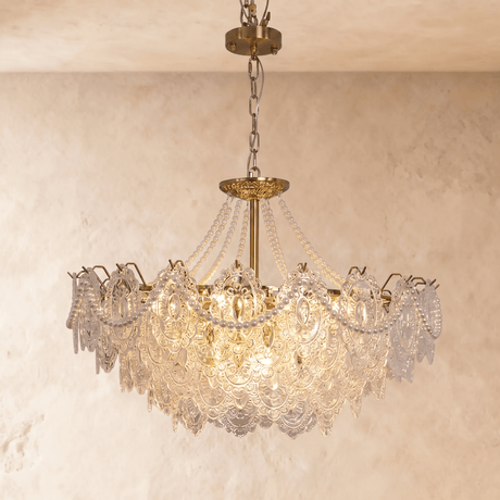 The largest round version, four deep tiers of pressed glass petals lit