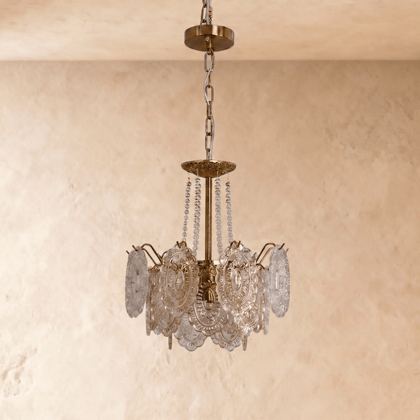 The glass petal tiers switched off, showing the clear pressed pattern in daylight