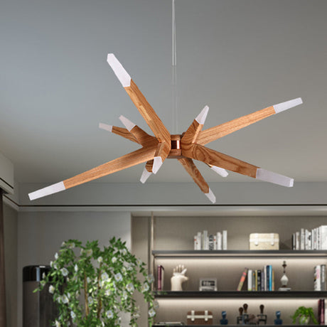 Wood and metal LED chandelier with sleek modern silhouette
