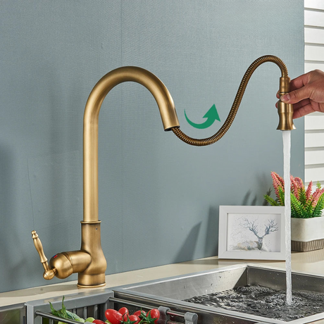 Antique brass swivel kitchen faucet for contemporary home interiors