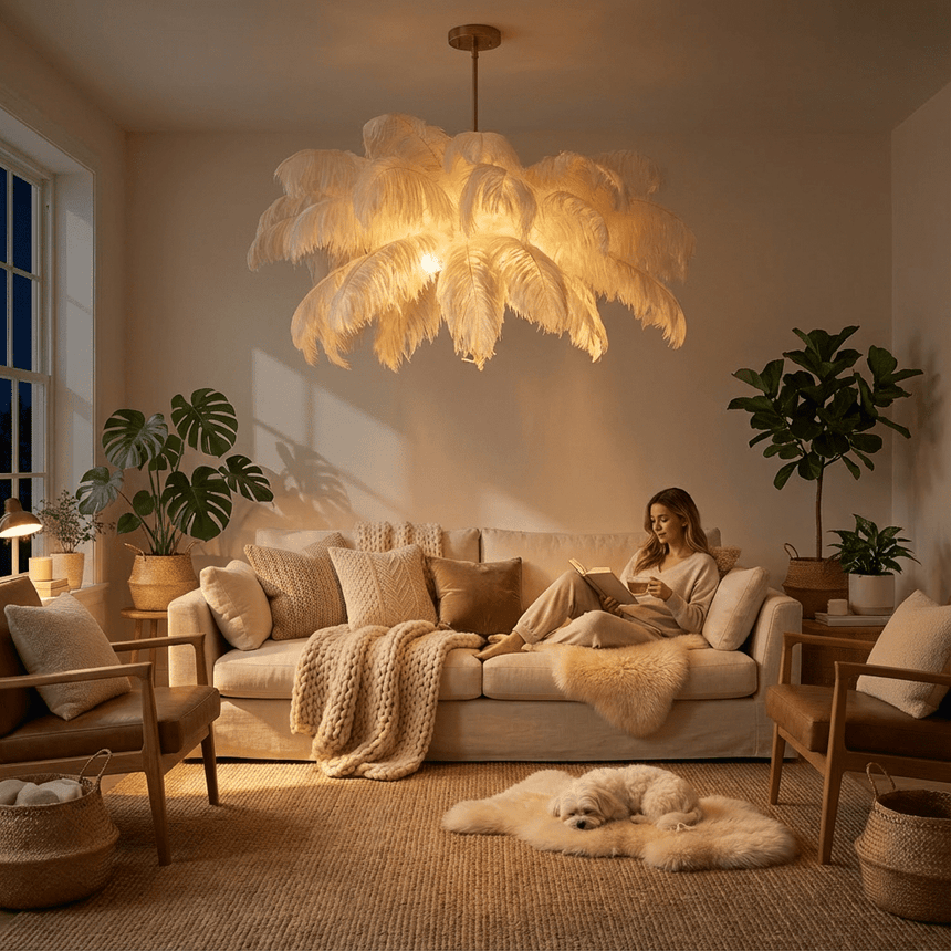 The fitting lit in the evening above a sofa, plants and a low wooden table
