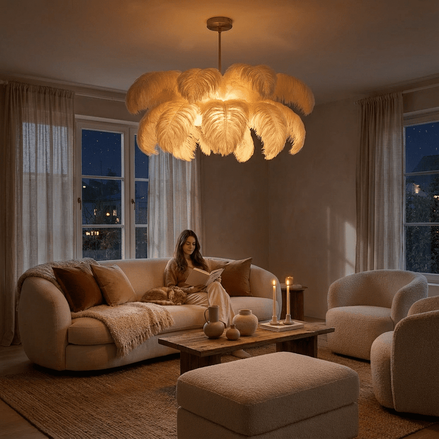 The lit feathers in the evening above a cream sofa, ottoman and dark window