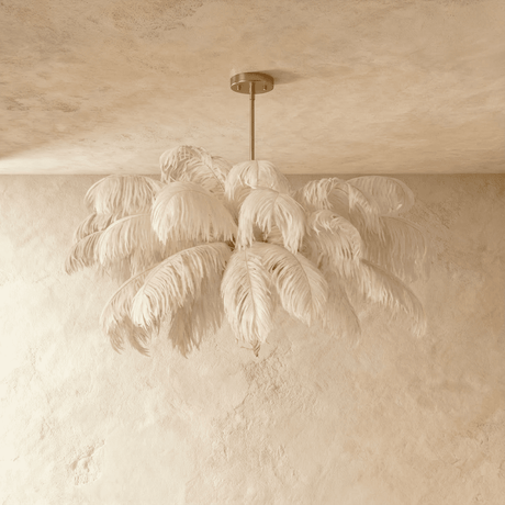 The plumes layered into a soft canopy below a short gold stem and ceiling plate