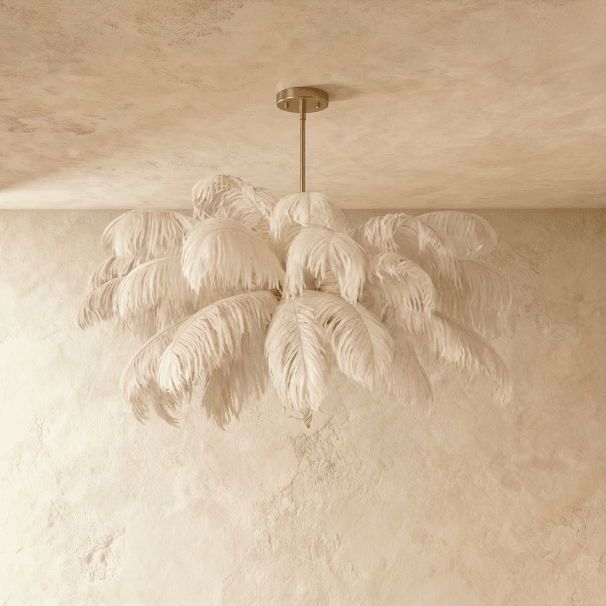 The plumes layered into a soft canopy below a short gold stem and ceiling plate