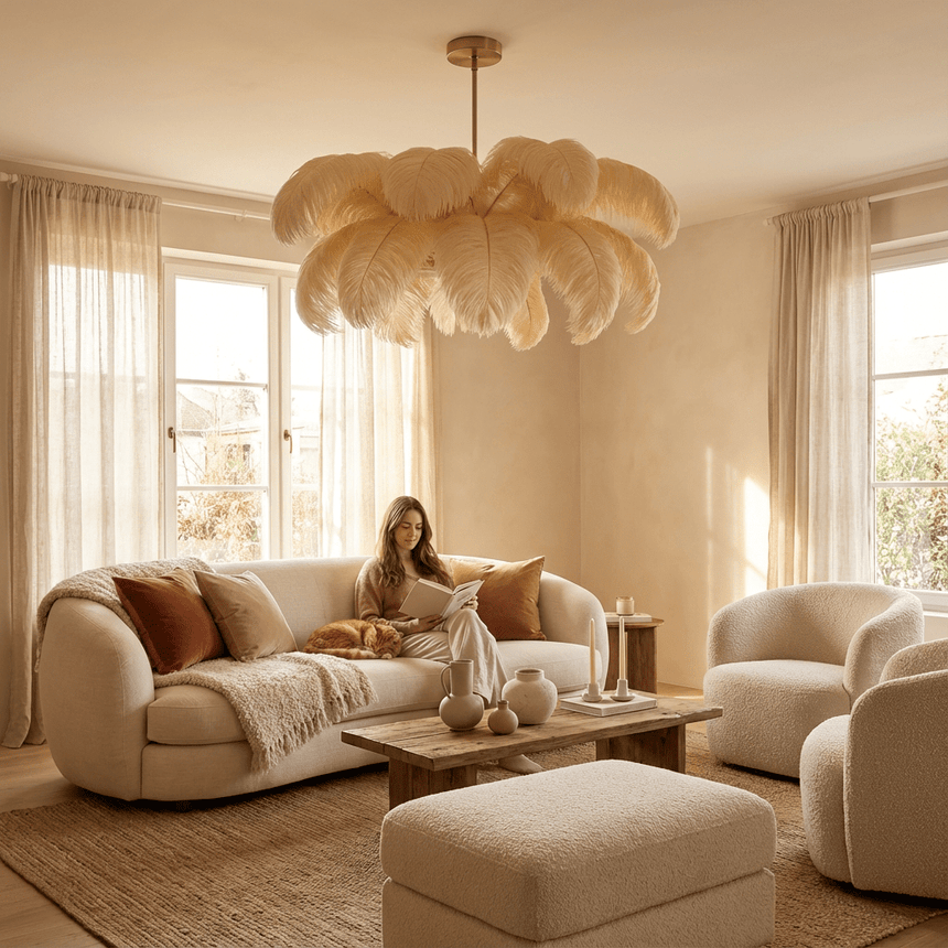 The dense feather dome lit above a cream sofa, an ottoman and tall curtains