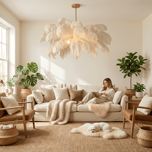 The lit feathers above a pale sofa with cushions, plants and a sheepskin rug